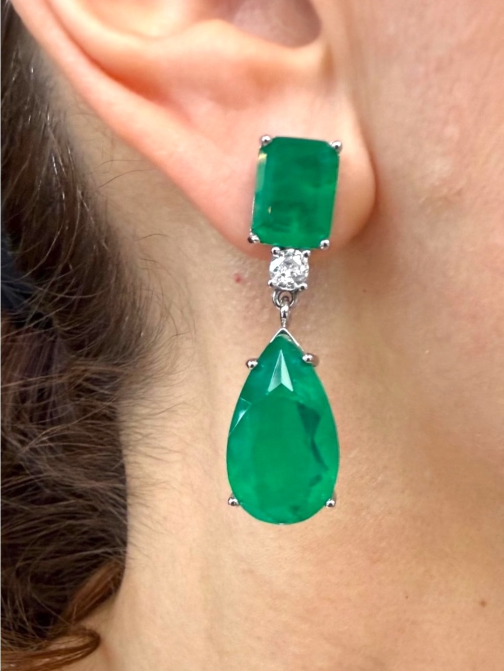 Green Teardrop & Emerald Square Drop Earrings - 925 Silver Style